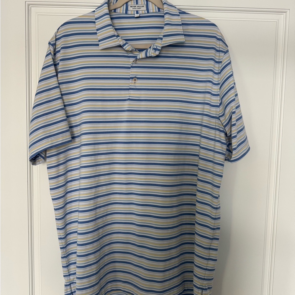 Peter Millar Blue and Yellow Striped Men's Polo Shirt